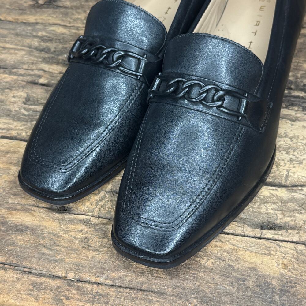 WIRTH Black Leather Chain Detail Square Toe Loafers Size 10.5